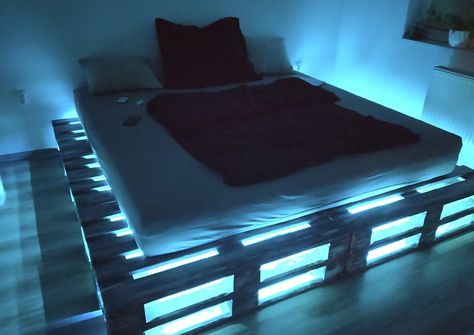 Pallet Beds With Lights, Pallate Beds, Pallet Bed With Lights Underneath, Pallet Bed Frame With Lights And Storage, Pallet Bed Led Lights, Wood Palllet Bed, Small Room Makeover, Mens Bedroom Decor, Diy Pallet Bed