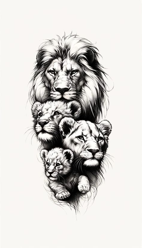 Lion And Cubs Tattoo Design, Lion Artwork Drawing, Lion Tattoo Drawing, Lion And Cub Tattoo, Lion Cub Tattoo, Arm Tattoos For Guys Forearm, Lion Art Tattoo, Rare Tattoos, Cubs Tattoo