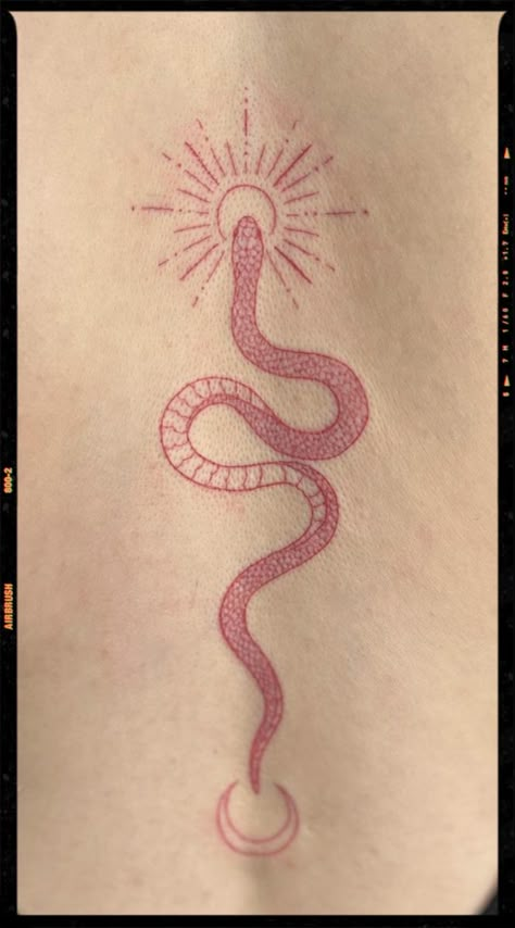 Red Snake And Rose Tattoo, Red Snake Finger Tattoo, Snake Back Of Neck Tattoo, Snake Tattoo Hip Women, Red Line Art Tattoo, Red Snake Tattoos For Women, Red Snake Spine Tattoo, Red Tattoo Snake, Red Snake Tattoo Back