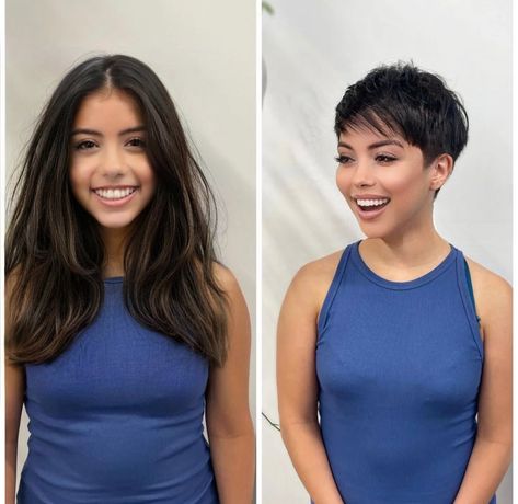 Before And After Straight Haircut, Before And After Womens Haircuts, Haircut Transformation Long To Short, College Lookbook, Russian Makeup, Fly Bra, Short Hair Pixie, Buzzcut Girl, Long Hair Cut Short