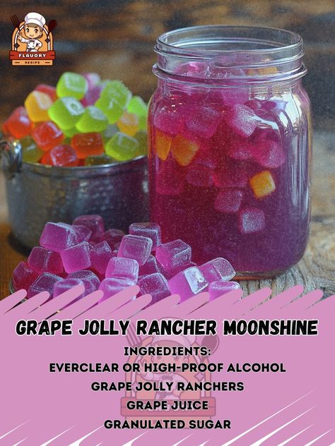 🍇 "Sweet, fruity, and a little bit wild—try our Grape Jolly Rancher Moonshine!" 🍬🍸 #MoonshineMadness #SweetSips Grape Jolly Rancher Moonshine Ingredients: Everclear or high-proof alcohol (1 quart) Grape Jolly Ranchers (1 cup) Grape juice (2 cups) Granulated sugar (½ cup) Water (2 cups) Instructions: In a large container, combine Everclear and Grape Jolly Ranchers. Let sit until candies dissolve. In a saucepan, mix grape juice, sugar, and water. Heat until sugar dissolves, then let cool. C... Grape Jolly Rancher Moonshine, Jolly Rancher Moonshine, Grape Jolly Rancher, Making Moonshine, How To Make Moonshine, Jolly Ranchers, Cool C, Daily Recipes, Jolly Rancher