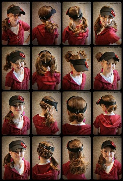 GirlyDoHairstyles.com Cute Hairstyles With A Visor, Visor Short Hair, Hairstyle With Visor, Cute Visor Hairstyles, Hair With Visor, Hairstyles For Visors Hats, Hairstyles With Visors For Work, Hat Hair Ideas, Visor Hat Hairstyles