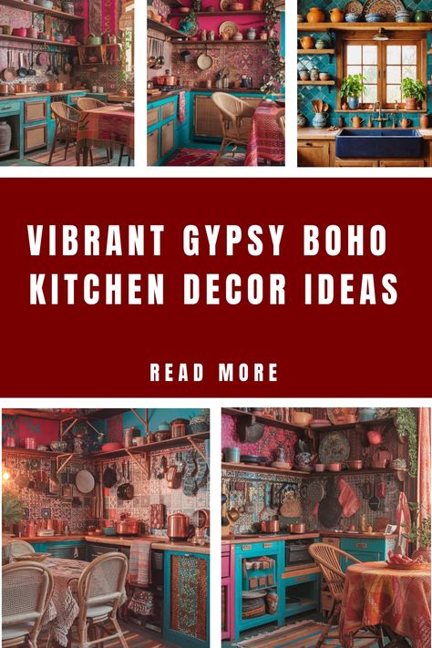 Colorful bohemian kitchen decor with eclectic patterns and textures. Fuschia Kitchen, Mid Century Boho Kitchen, Boho Kitchen Decor Ideas, Eccentric Kitchen, Kitchen Flooring Trends, Kitchen Tile Inspiration, Ensuite Bathroom Designs, Industrial Chic Kitchen, Earthy Kitchen