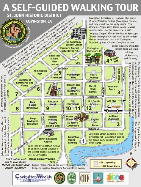 Take a self-guided walking tour of historic Covington, Louisiana, featuring 12 locations from Bogue Falaya Wayside Park at the edge of the Bogue Falaya River to the south, the St. Tammany Parish Justice Center to the north, Lee Lane to the east and Massachusetts Ave. to the west. Below is a brief description of the tour. See map photo in this listing, and read all about each location's history, at http://covingtonweekly.com/historicwalkingtour. 1. Covington was an important trade center, ... Street Plan, Covington Louisiana, Boston Street, Map Photo, Train Depot, Victorian Cottage, Old Train, Trade Centre, Trade Center