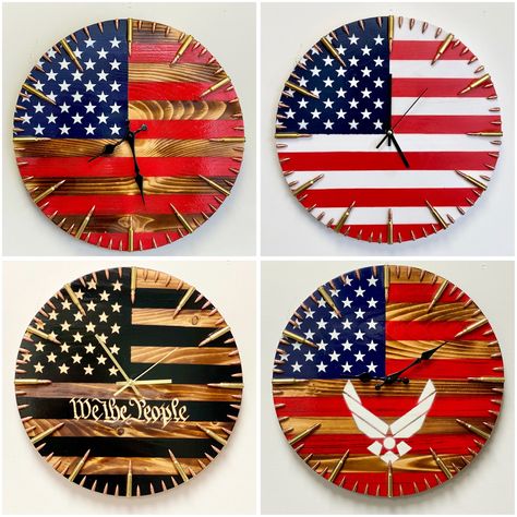 These are 4 different style american flag clocks that are for sale on etsy. They are all custom made to order and they are a great wall art piece and also functional. American Flag Clock, Diy Wooden Clocks Ideas, Wooden American Flag Diy, Diy Wooden Clock, Wooden Clock Ideas, Wood Flag Diy, Clocks Diy Crafts, Engraver Projects, American Flag Diy