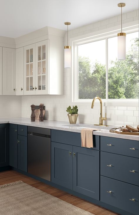 Indigo Kitchen Cabinets, Blue Lower Kitchen Cabinets, Color For Kitchen Cabinets, Navy Kitchen Cabinets, Strawberry House, Top Cabinets, White Upper Cabinets, Blue Kitchen Cabinets, Kitchen Redesign