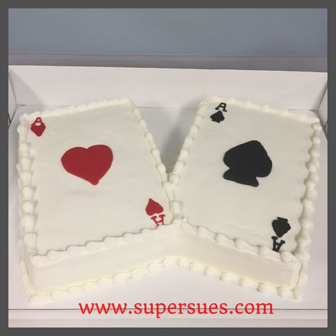 Ace of hearts and ace of spades card cakes. Ace Party Theme, Deck Of Cards Cake, Ace Of Spades Card, Game Night Decorations, Jack Of Spades, Magic Party, Ace Card, Poker Night, Ace Of Hearts