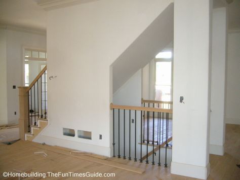 Classic and Creative Open Staircase Designs | The Fun Times Guide to Home Building/ Remodeling Open Basement Stairs In Kitchen, Open Staircase To Basement, Open Stairwell, Open Basement Stairs, Basement Stair, Stairwell Ideas, Basement Staircase, Open Basement, Frat House