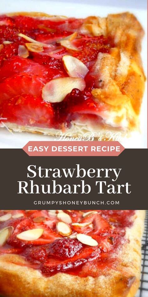 Strawberry Rhubarb Tart made with phyllo dough, jam, and fresh strawberries makes a delicious quick and easy dessert recipe to make. It is a great recipe to make baby showers and bridal showers alike! Get this rhubarb recipe and more at Grumpy's Honeybunch website. Rhubarb Tarte Tatin, Merangue Pie, Easter Asparagus, Strawberry Rhubarb Tart, Philo Dough, Phyllo Dough Recipes, Crisp Desserts, Rhubarb Tart, Best Carrot Cake