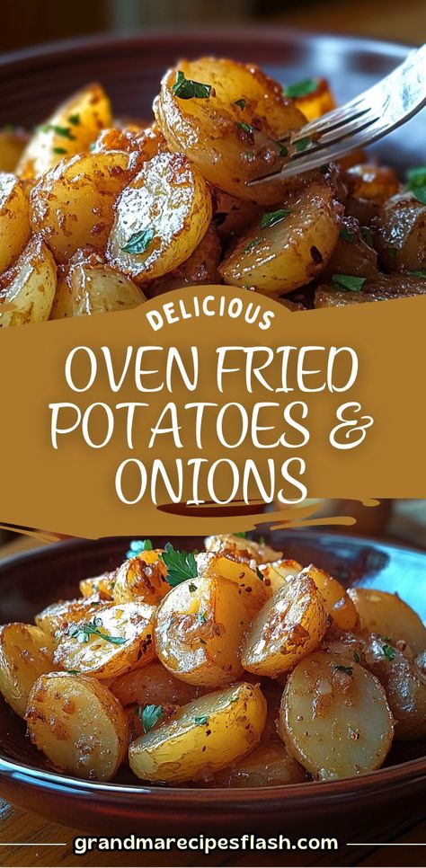 Crispy and flavorful, these oven-fried potatoes and onions are a perfect side dish for any meal. Seasoned with garlic, rosemary, and onion soup mix, they deliver a satisfying crunch and savory taste. #EasySideDish #CrispyPotatoes #ComfortFood Oven Potato Recipes, Onion Soup Potatoes, Fried Potatoes And Onions, Roasted Potatoes And Onions, Potato Meals, Oven Fried Potatoes, Lettuce Salads, Baby Potato Recipes, Roasting Garlic In Oven