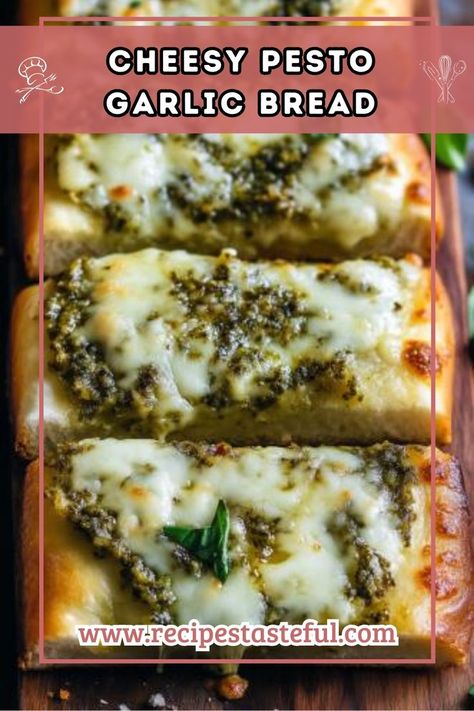 Cheesy Pesto Garlic Bread that will elevate your meals with its irresistible flavor! Baked Garlic Bread, Pesto Bread, Pesto Cheese, I Want Food, Garlic Cheese Bread, Crispy Cheese, Garlic Bread Recipe, Cheesy Garlic Bread, Garlic Cheese