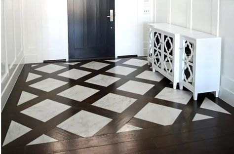 How do we feel about wood/tile combo flooring? #Wood #Tile #Floor #Combo #HomeTour #Realtor #RealEstate #Agent #Colorado Floor Tile Design Entrance, Entrance Flooring Ideas, Foyer Tile Ideas, Functional Entryway, Apartment Wishlist, Inlay Flooring, Entryway Tile, Foyer Flooring, Entry Tile