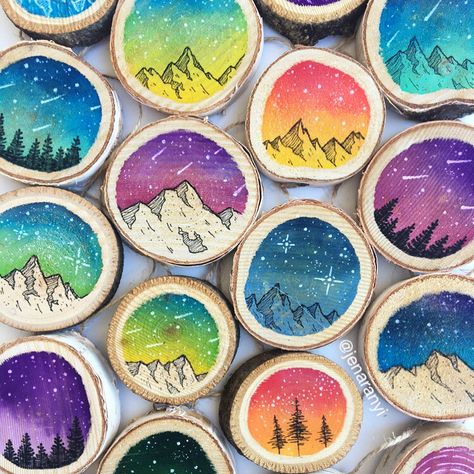 Jen Aranyi on Instagram: “Update: SOLD OUT! It’s time to celebrate because...Ornament restock is here! Grab them now in my shop, there are 19 to choose from (and…” Wood Slice Magnets, Handpainted Christmas Ornaments, Wood Slice Art, Wood Slice Crafts, Space Painting, Wood Burning Crafts, Wood Slice Ornament, Wood Burning Art, Galaxy Painting