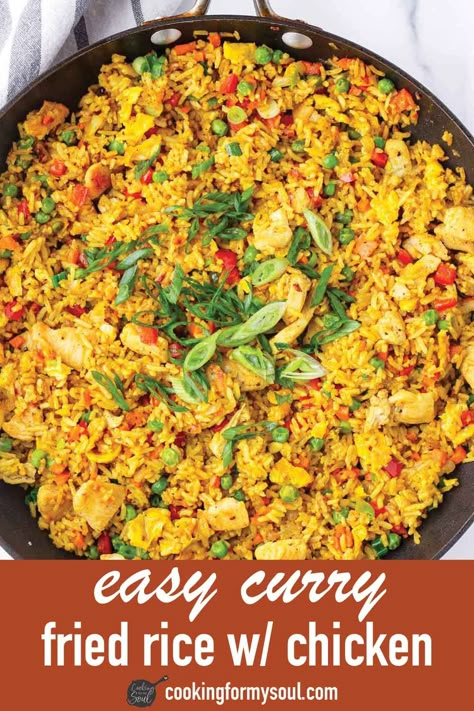 Curry Fried Rice with Chicken! This delicious and easy curry flavored fried rice is perfect for any occasion. Made with yellow curry powder, chicken, and vegetables. Yellow Curry Powder, Curry Rice Recipes, Yellow Curry Recipe, Indian Diet Recipes, Curry Fried Rice, Rice With Chicken, Asian Meals, Yellow Curry, Dinner Rotation