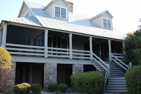 This is an important picture! I very much want to have the columns this shape and horizontal rails like those shown here. match back porch columns for side/back stoop, really like the horizontal riailings, notice that back porch is raised so there is storage room underneath Veranda Balustrade, Banister Spindles, Porch Rails, Coco Cabana, Porch Kits, Porch Styles, Raised Deck, Saint Helena, Sleeping Porch