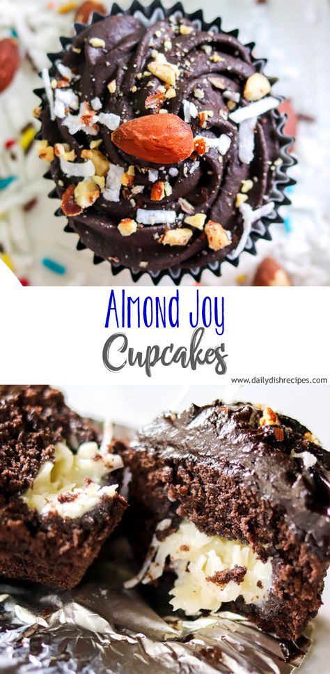 These Almond Joy Cupcakes are a coconut lovers dream. Rich, dark chocolate coconut cake, gooey coconut filling and topped with a decadent dark chocolate coconut frosting. Perfection! Almond Joy Filling, Coconut Chocolate Cupcakes, Coconut Filled Cupcakes, Almond Joy Cupcakes Recipe, Coconut Cupcakes With Filling, Almond Joy Cupcakes, Chocolate Coconut Cupcakes, Chocolate Coconut Cake, Cake Shake