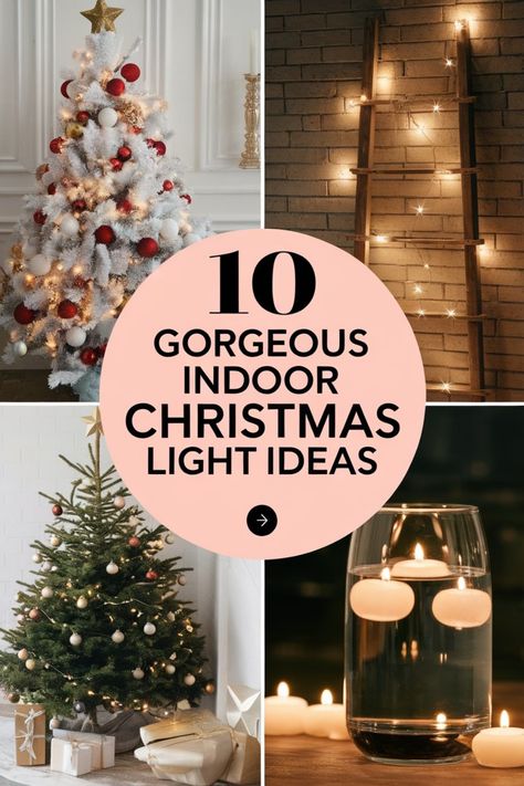 Transform your home into a cozy winter wonderland with these 10 gorgeous indoor Christmas light ideas. From twinkling fairy lights draped over mantels to sparkling string lights adorning staircases, there's something to suit every decor style. Create a warm and inviting atmosphere by incorporating soft glowing lights in unexpected places like wall art or indoor plants. Whether you prefer the classic elegance of white lights or the festive cheer of colorful LEDs, you can easily elevate your holid Christmas Decor Ideas Lights Indoor, Interior Christmas Lights, Christmas Lights Inside House Ideas, Icicle Lights Indoor, Indoor Holiday Lights, Indoor Christmas Lights Ideas, White Lights Decor, Decorating With Fairy Lights, Christmas Light Wall