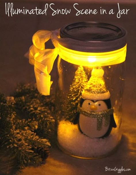 Illuminated by a battery-operated tea light.{BitznGiggles.com} Mason Jar Christmas Crafts, Diy Snow Globe, Wine Bottle Diy Crafts, Christmas Mason Jars, Christmas Activities For Kids, Christmas Jars, Jar Gifts, Snow Scenes, Wine Bottle Crafts