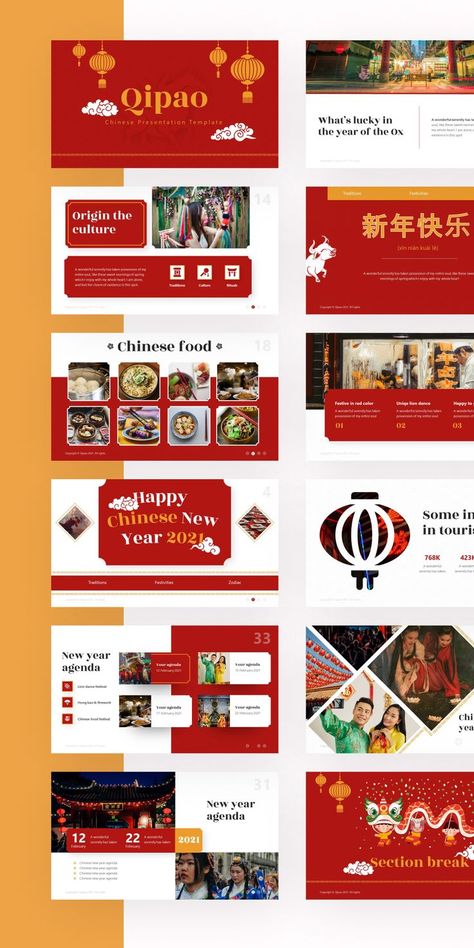 Chinese Festival Powerpoint Presentation Template Chinese Layout Design, Chinese Presentation Design, Slide Design Ideas, Slides Layout, Presentation Ideas For School, Marketing Proposal, Presentation Template Design, Food Logo Design Inspiration, Canva Codes