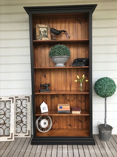 Two tone timber bookcase  Just Completed and ready for it's new home. Two Toned Bookshelf, 2 Tone Bookshelf, Two Tone Bookcase, Upcycle Bookcase, Dark Wood Bookcase, Diy Bookcase, Bookcase Makeover, Upcycling Furniture, Cabinet Painting