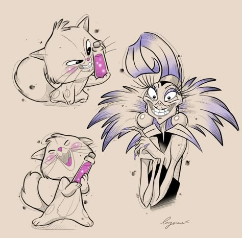 Emperor’s New Groove Tattoo, Shego Tattoo Design, Yzma Cat Tattoo, Disney Villains Tattoos Sleeve, Disney Villains Art Drawing, Yzma Disney Tattoo, Fantasia Disney Tattoo, Batty Ferngully Tattoo, Yzma Drawing