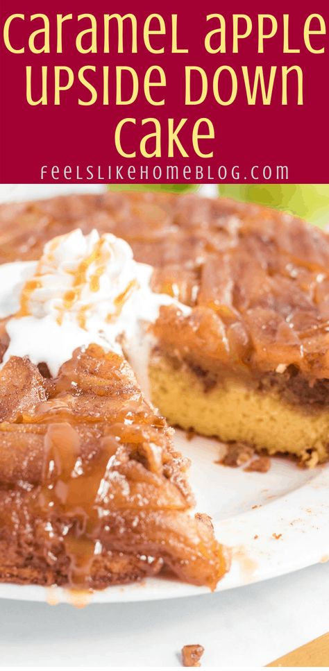 How to make the best easy caramel apple upside down cake. This simple recipe uses a box cake mix with apples, cinnamon, butter, and brown sugar to make a gooey, rich, moist dessert. #dessertrecipes #healthydesserts #apples #applerecipes #applecake #sweettooth #cakemix #upsidedowncake #fallrecipes Cake Mix With Apples, Apple Cake With Box Cake, Apple Upside Down Cake Recipe, Caramel Apple Upside Down Cake, Caramel Apple Cake Recipe, Upside Down Apple Cake, Apple Upside Down Cake, Upside Down Cake Recipe, Pineapple Bread