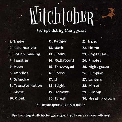 ɪ ᴀᴍ ᴀɴɴ on Instagram: “HERE IT IS! My prompt list for WITCHTOBER✨🥳 A whole month of cute, daring, dangerous and mysterious witches in different situations and…” 300 Drawing Prompts, Sketch Prompts, Abs Art, 30 Day Art Challenge, Art Journal Challenge, Drawing Challenges, Prompt List, October Art, Art Challenges