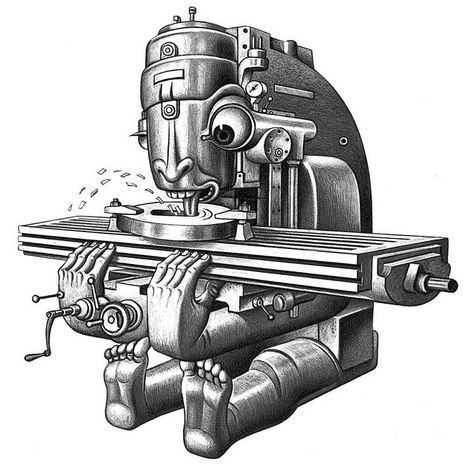 1954 ... milling - Artzybasheff by x-ray delta one, via Flickr Machinist Tattoo, Boris Artzybasheff, Welding Idea, Cnc Machinist, Mechanic Tattoo, Mechanical Art, Karakter Disney, Commercial Art, Milling Machine