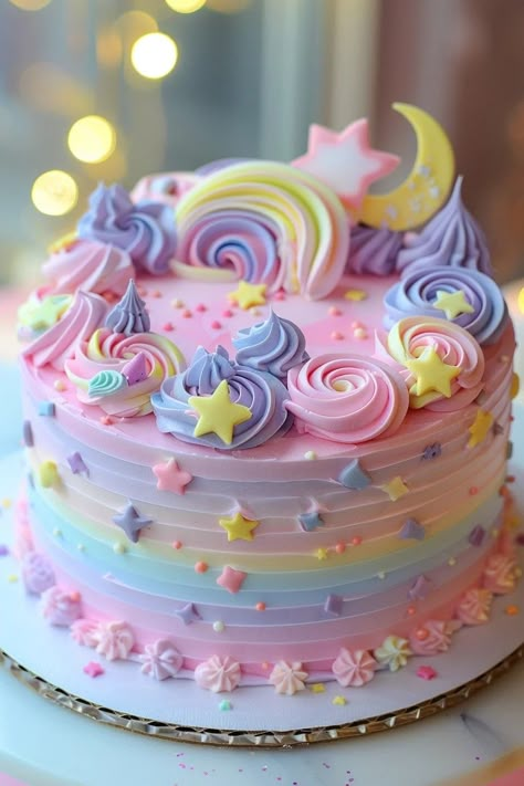 Pastel Color Cupcakes Birthday, Rainbow Shaped Birthday Cake, Unicorn Birthday Sheet Cake Ideas, Large Cupcake Cake Ideas, Diy Girls Birthday Cake, Pink Purple Birthday Cake, Pastel Rainbow Unicorn Cake, Birthday Cakes For 3 Year Girl, Birthday Cake For Girls Kids Cute