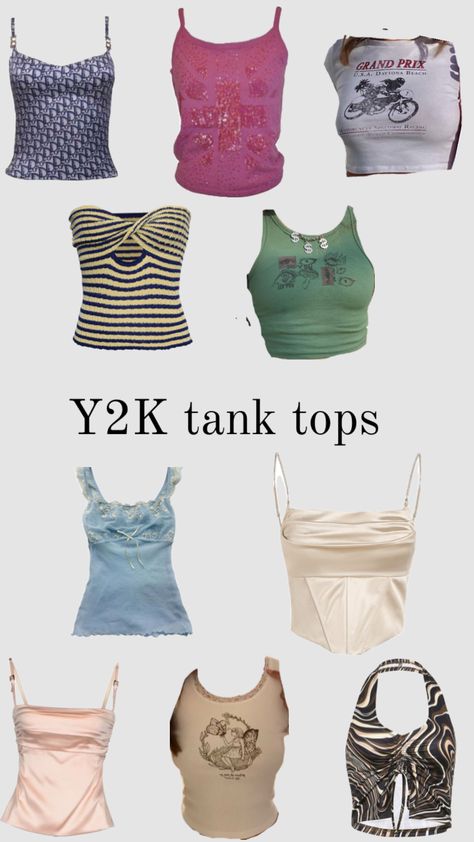 Y2K tank tops + Y2k outfit inspo #y2k #outfitinspo #vibes #tanktop #top #y2kaesthetic #fashion #aesthetic Y2k Tank Top Outfit, Cami Top Diy, Tank Tops Y2k, Outfit Inspo Y2k, Y2k Cami Top, Roblox Clothing, 90s Y2k Fashion, Y2k Tank Top, Y2k Cami