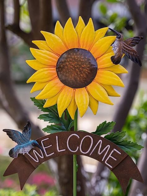 The Haitiangarden Garden Metal Sunflower Stake with Welcome Sign is a decorative yard ornament featuring a metal sunflower design with a welcome sign, perfect for adding a touch of charm to your indoor or outdoor spaces like yards, pathways, patios, and backyards. Welcome Decoration, Metal Sunflower, Insect Decor, Decorative Garden Stakes, Lawn Ornament, Sunflower Garden, Garden Accents, Sunflower Art, Art Plaque