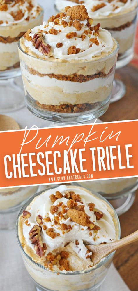 Pumpkin Cake Trifle Desserts, Paula Deen Thanksgiving Desserts, Pumpkin Roll Trifle Desserts, Pumpkin Mousse Trifle, Triffle Desserts Pumpkin, Mini Pumpkin Trifles, Best Trifle Desserts, Mini Cheesecake Trifle, Pumpkin Cream Cheese Trifle