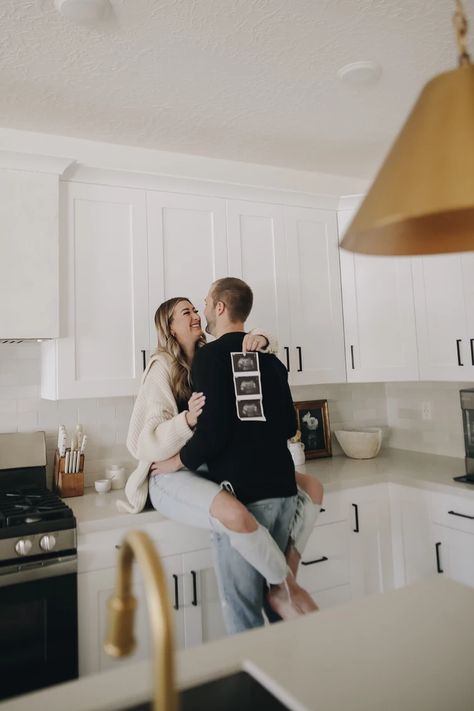 In Home Maternity Announcement, In House Maternity Photoshoot, Home Lifestyle Maternity Shoot, Maternity Photography Home Ideas, Maternity Shoot In Kitchen, Half Baked Couple Maternity Photo, Maternity Photography Inside House, Kitchen Maternity Photos, In Home Lifestyle Maternity Session