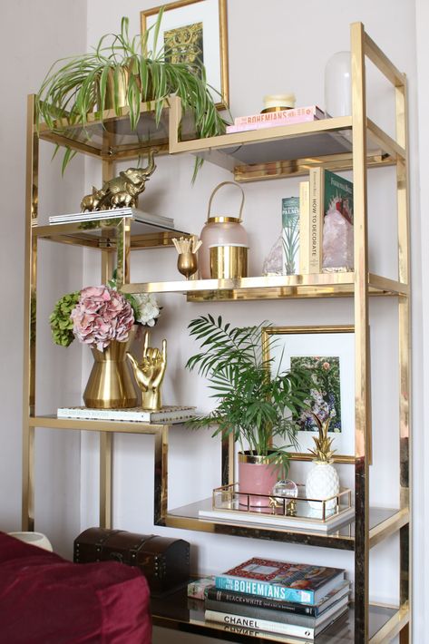 vintage brass shelving unit styled in pink and gold White And Gold Decor, Dining Room Renovation, Gold Living Room Decor, Glam Living Room Decor, Gold Bedroom Decor, Modern Style Living Room, Vintage Shelving, Gold Living Room, Glam Living Room