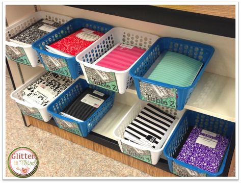 Creative Storage Ideas for Classroom Organization - S&S Blog Class Notebook Organization, Classroom Journal Storage, Classroom Notebook Organization, Classroom Seating Arrangements Desks, Gifted Classroom, Notebook Storage, Teacher Desk Organization, Classroom Seating Arrangements, Interactive Journal