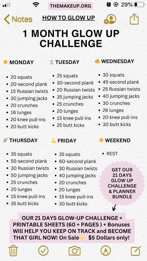 How to glow up: 21 DAYS GLOW-UP CHALLENGE + PRINTABLE SHEETS (60 + PAGES ) + Bonuses Glow Up Planner, Teen Workout Plan, Glow Up Challenge, Summer Body Workout Plan, Workouts For Teens, Month Workout, Summer Body Workouts, Workout Routines For Beginners, Workout Plan For Beginners