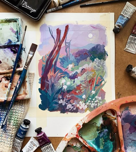 Gouache Pallet, Gouache Color Palette, Acrylic Gouache Illustration, Gouache And Colored Pencil, Gouache Palette, Gouache Sketchbook, Quick Drawings, Gouache Landscape, Gouache Illustration