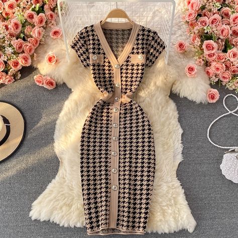 ALPHALMODA Chic Summer Elegant V neck Elegant Knit Dress Single Breasted Lattice Knitted Elastic Dress for Women|Dresses| - AliExpress Lantern Sleeve Top, Womens Knit Dresses, Khaki Dress, Color Dress, Stretch Dress, Types Of Dresses, Types Of Skirts, Knee Length Dress, Casual Outfit