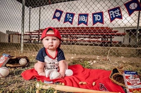 Halfway To One Photoshoot Baseball, Halfway To First Baseball Birthday, Half Way To First Baseball Pictures, Baseball 6 Month Photoshoot, Halfway To First Baby Photoshoot, Baby Baseball Photoshoot, Half Way To First Birthday Baseball, Half Birthday Baby Boy, Baseball Photoshoot