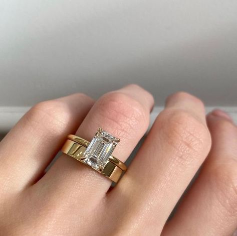 Stacked Emerald Cut Engagement Ring, Chunky Wedding Ring Stack, Wedding Band Stack Ideas Emerald Cut, Chunky Gold Wedding Band, Emerald Wedding Stack, Emerald Cut Engagement Ring Thick Band, Thick Gold Wedding Band, Rose Gold Emerald Cut Engagement Ring, Gold Emerald Cut Engagement Ring