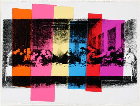 A black and white screen print of The Last supper, overlaid by vertical columns of red, pink, yellow and blue color of varying lengths. Pop Art Andy Warhol, Andy Warhol Museum, Warhol Pop Art, Art Andy Warhol, Andy Warhol Pop Art, Andy Warhol Art, Last Dinner, Warhol Art, The Velvet Underground