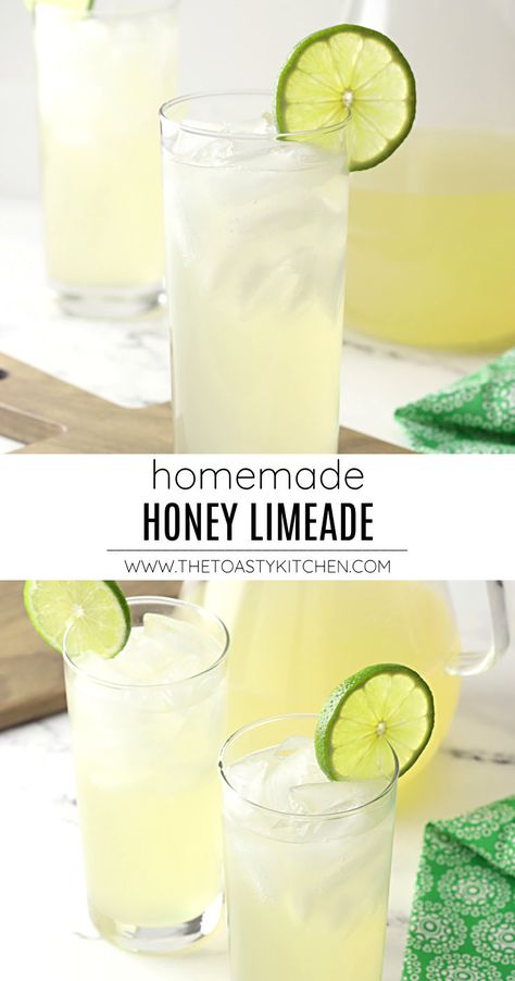 Homemade Honey Limeade recipe - by The Toasty Kitchen #honeylimeade #limeade #homemadelimeade #recipe #nonalcoholic #kidfriendly #summerdrink #springdrink #lime #drinkrecipe #recipe Fresh Limeade Recipe, Lemon Limeade Recipe, Lime Juice Recipes, Mint Lemonade Recipe, Summer Fruit Recipes, Honey Lemonade, Limeade Recipe, Lime Lemonade, Honey Drink