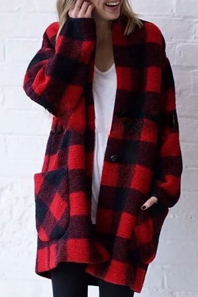 Buffalo Plaid Big Pocket Wool Coat Checkered Wool Coat, Red Plaid Coat, Mantel Outfit, Fall Fashion Coats, Stylish Coat, Plaid Coat, Long Sleeve Plaid, Plaid Jacket, 가을 패션