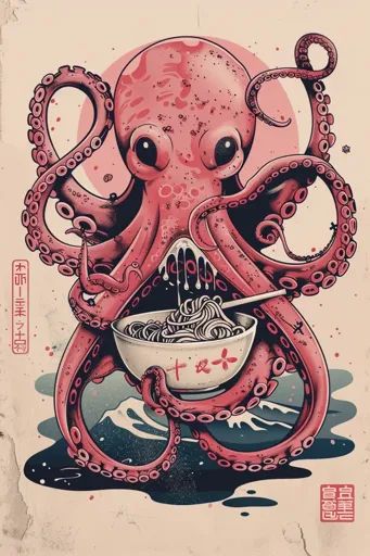 ↑↑↑ Larger size on website 🔸 A pink octopus with large, expressive eyes holds a bowl of noodles with its tentacles. The octopus i 🔸 From Midjourney AI Image Octopus Holding Something, Octopus Graphic Design, Cute Octopus Illustration, Eating Noodles Drawing, Octopus Umbrella, Octopus Cooking, Stylized Background, Octopus Eating, Tattoo Octopus