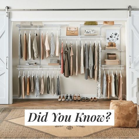 Did you know? Our 7-10 ft. ShelfTrack kit has about 144 inches of hanging space and 240 inches of shelf space! 🤯What would you store in this closet? #HomeOrganization #ClothesCloset #NewCloset #WireCloset #ReachinCloset #ClosetMaid The Wire, Wall, Closet, White, Clothes