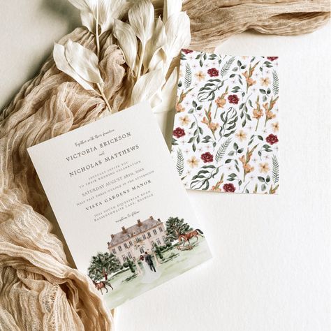 Elegant Chateau | Watercolor English Manor Wedding Invitation Greenery Landscape, Vintage Inspired Wedding Invitations, Watercolour Wedding Stationery, Venue Illustration, Horse Country, Bespoke Invitations, Wedding Watercolor, Summer Garden Wedding, Spring Wedding Invitations