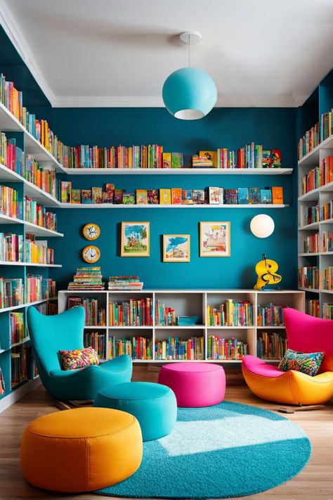 kids home library room with bright blue, pink and orange color scheme Kids Library Room Ideas, Kids Home Library, Library Room Ideas, Library Room Design, Library For Kids, Home Library Ideas, Library Corner, Floor To Ceiling Bookshelves, Reading Rooms