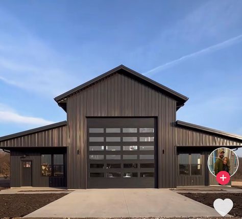 Black Metal Garage Buildings, Dark Gray Shop Building, Pole Barn With Apartment, Black Metal Storage Building, Burnished Slate Metal Building, Barn Shop Ideas, Pole Building Garage, Pole Barn Shop Contemporary, Pole Barn Shop The Home Depot