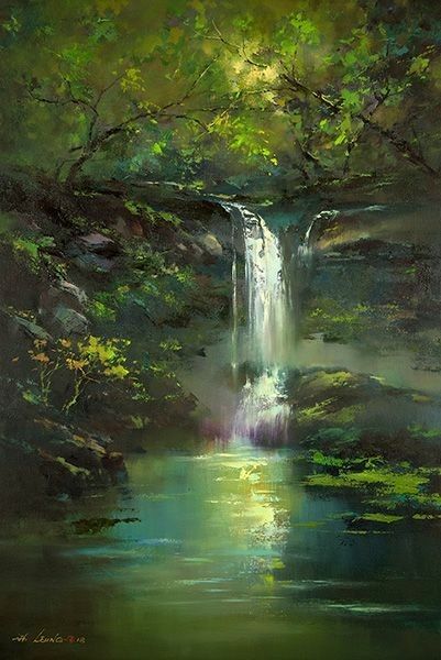 Most Beautiful Landscape Paintings, Paint Waterfall Acrylics, Paintings Of Waterfalls, Acrylic Nature Painting, Interior Design Royal, Diy Painting Canvas For Beginners, Waterfalls Painting, Waterfall Watercolor, Diy Painting Canvas