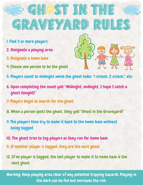 A ghost in the graveyard rules poster. #KidsGames #KidActivities #OutdoorGames #FunGames Ghost In The Graveyard Game, Ghost In Graveyard, Joey Scouts, Ghost In The Graveyard, August Activities, What Is Ghosting, Imaginary Creatures, Bestie Stuff, Hosting Parties